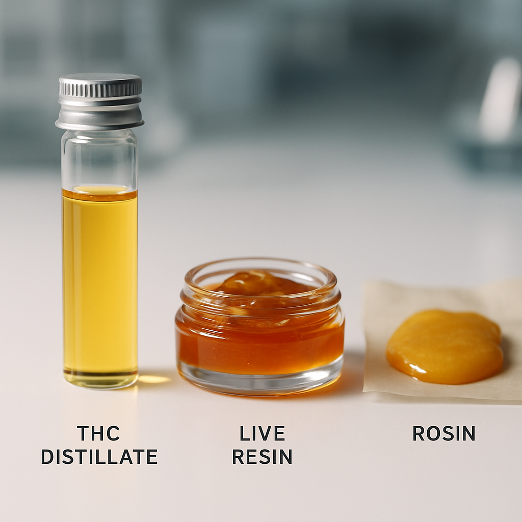 A close-up of three types of cannabis extracts: distillate in a clear vial, live
